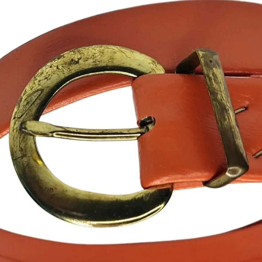 1950s MCM Burnt Orange OJ 1 Inch Leather Belt Pull Through Buckle Gently Used